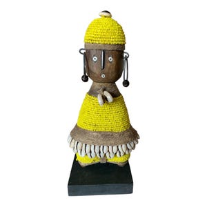 Namji Doll Yellow 21cm 8.2&quot;, Fertility Doll, Namji Doll, Cameroon Doll, Wooden Doll, African Doll, Beaded Doll, Cowrie Shells Doll, African