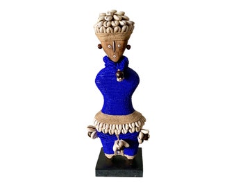 Namji Doll Blue 27cm 11", Fertility Doll, Namji Doll, Cameroon Doll, Wooden Doll, African Doll, African Decor, Africa Artifact, Beaded Doll