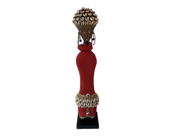 Namji Doll Red 42cm 16.5&quot;, Fertility Doll, Namji Doll, Cameroon Doll, Wooden Doll, African Doll, Beaded Doll, African Cowrie Shell Doll