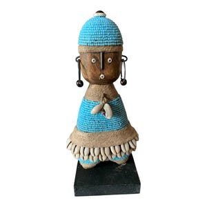 Namji Doll Blue 21cm 8.2&quot;, Fertility Doll, Namji Doll, Cameroon Doll, Wooden Doll, African Doll, Beaded Doll, Cowrie Shells Doll, African