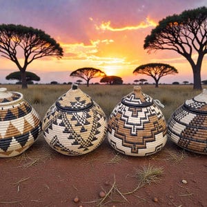 Könnte beinhalten: Vier handgefertigte gewebte Körbe mit Deckeln, mit geometrischen Mustern in Schwarz, Braun und Creme. Die Körbe stehen auf rötlich-brauner Erde, mit einem Sonnenuntergang und Bäumen der afrikanischen Savanne im Hintergrund.