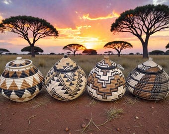 Könnte beinhalten: Vier handgefertigte gewebte Körbe mit Deckeln, mit geometrischen Mustern in Schwarz, Braun und Creme. Die Körbe stehen auf rötlich-brauner Erde, mit einem Sonnenuntergang und Bäumen der afrikanischen Savanne im Hintergrund.
