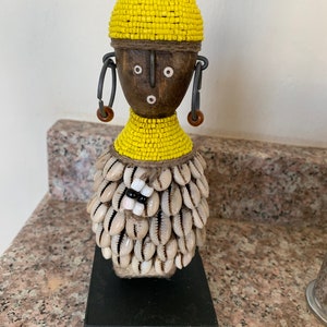 Namji Doll Yellow Beads 16cm 6.3&quot;, Fertility Doll, Namji Doll, Cameroon Doll, Wooden Doll, African Doll, Beaded Doll, African Decor