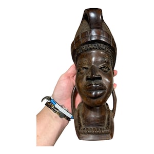 African Wood Hand Carved African Man 22cm 8.6&quot;, Vintage Head Bust, Wooden African bust Artifact, African Statue Man, African Decor
