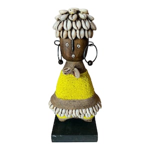 Namji Doll Yellow 8.2&quot;, Fertility Doll, Namji Doll, Cameroon Doll, Wooden Doll, African Doll, Beaded Doll, Cowrie Shells Doll, African