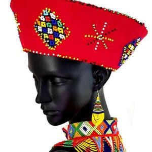 Zulu Hats with detailed beadwork 11&quot;, Traditional Zulu Hat, Wall Decor, Wedding Decor, Events Decor, Home Decor, African Decor, Woven Hats