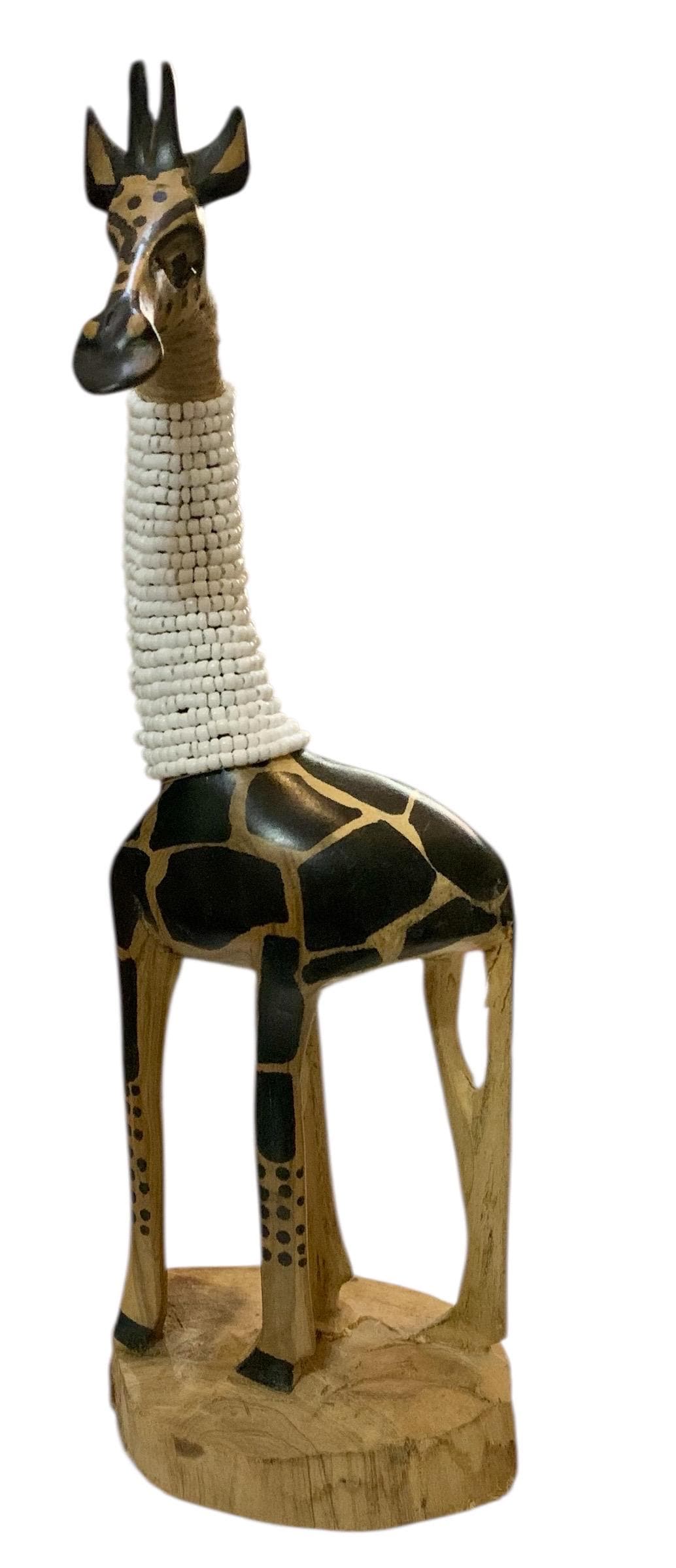 ビーズ飾りの首を持つ木製の手彫りキリン、高さ27cm（10.6インチ