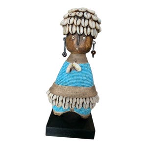 Namji Doll Blue 21cm 8.2&quot;, Fertility Doll, Namji Doll, Cameroon Doll, Wooden Doll, African Doll, Beaded Doll, Cowrie Shells Doll, African