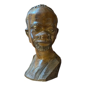 African Wood Hand Carved African Man 30cm 12&quot;, Vintage Head Bust, Wooden African bust Artifact, African Statue Man, African Decor