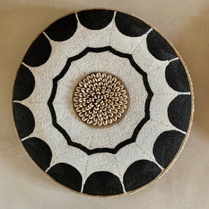 African Beaded Shield 55cm 22&quot;, Black and White Beaded and Cowrie Shell Shield, African Shield, African wall decor, Tikar Beaded Shield,