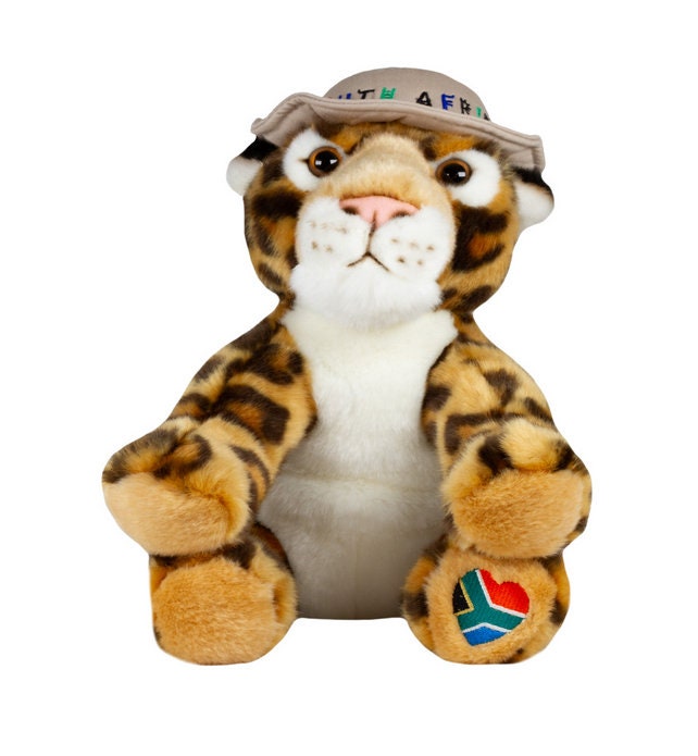 Peluche de leopardo explorador de 30 cm (12") con camiseta personalizada. Animales salvajes de safari de peluche, Sudáfrica. Animales africanos de peluche.