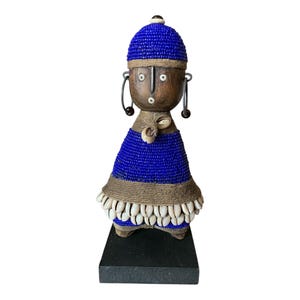 Namji Doll Blue Fertility Doll 21cm 8.2&quot;, Namji Doll, Cameroon Doll, Wooden Doll, African Doll, Beaded Doll, Cowrie Shells Doll, African