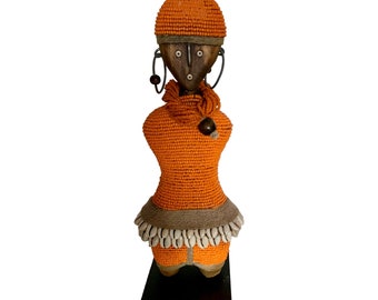 Namji Doll Orange 25cm 10&quot;, Fertility Doll, Namji Doll, Cameroon Doll, Wooden Doll, African Doll, Beaded Doll, African Decor