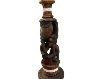 Beautiful African Carved Beaded Makonde Tree table lamp, wooden carved lamp base