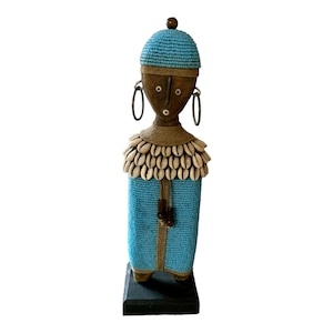 Namji Doll Blue 27cm 11&quot;, Fertility Doll, Namji Doll, Cameroon Doll, Wooden Doll, African Doll, African Decor, Beaded Doll, African Doll