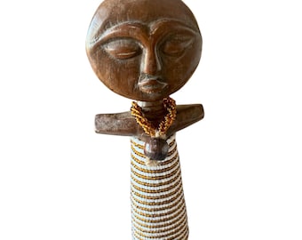 Ashanti vintage beaded wooden doll 22cm 8.6", Akua'ba, traditional Ghanaian fertility symbol