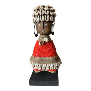 Namji Doll Red 21cm 8.2&quot;, Fertility Doll, Namji Doll, Cameroon Doll, Wooden Doll, African Doll, Beaded Doll, Cowrie Shells Doll, African