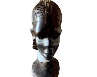 African hand carved women bust with beaded neck 17cm 6.7"
