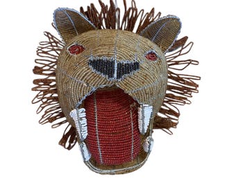 Cabeza de león trofeo con cuentas, 41 cm (16,1"), decoración de pared africana