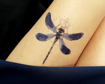 Blue Dragonfly Temporary Tattoo, Hand Painted Insect Tattoo