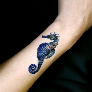 SEAHORSE temporary tattoo, seehorse,  ocean life, fish tattoo, reef life, color temporary tattoo, fake fattoo, artist drawing, gift idea.