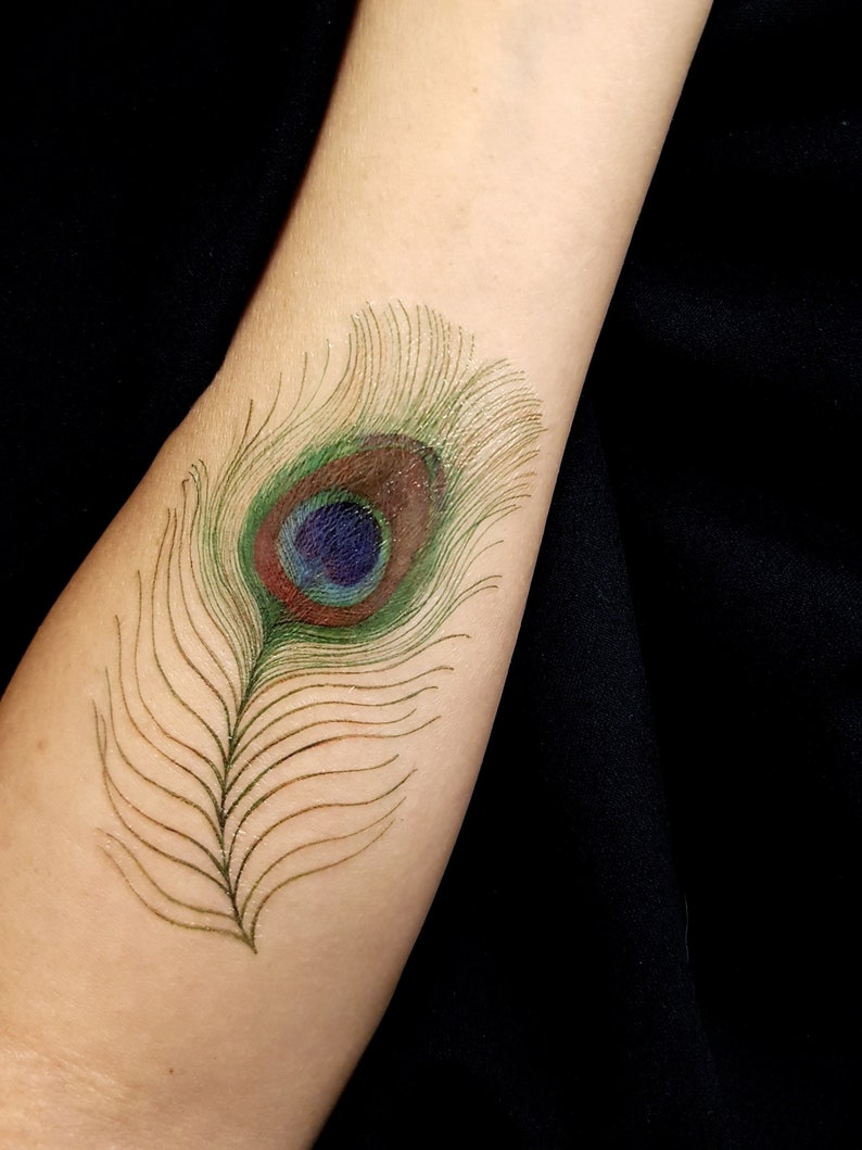 PEACOCK FEATHER temporary tattoo, peacock tattoo, peafowl tattoo, feather tattoo, color tattoo, fake tattoo, bird tattoo, artist drawing image 1