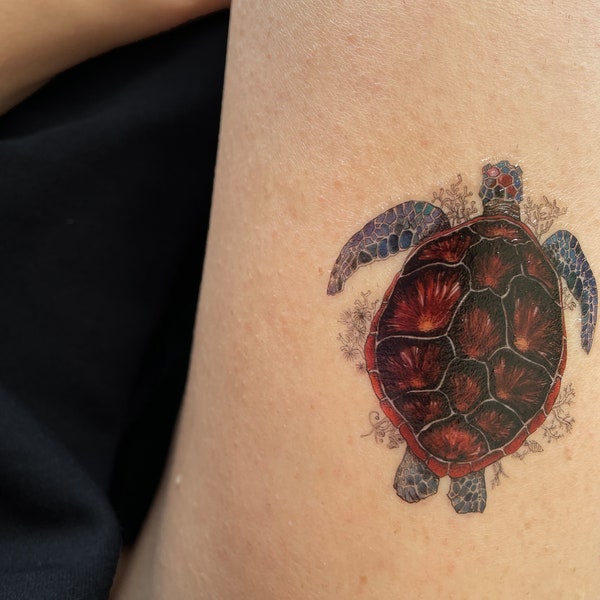 Tatouage temporaire TORTUE MARINE, vie océanique, aquarelle tortue, vie récifale, tatouage temporaire couleur, faux fattoo, dessin d'artiste, idée cadeau.