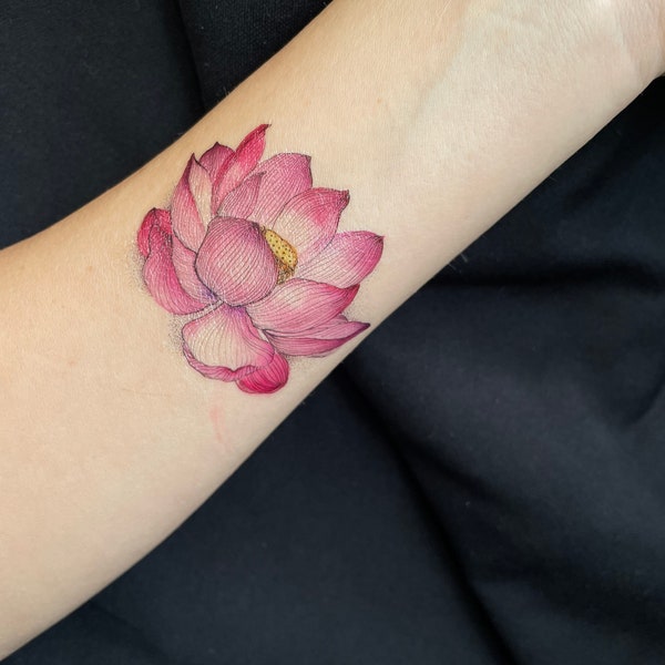 LOTUS FLOWER temporary tattoo, lotus tattoo, flower tattoo, color temporary tattoo, fake fattoo, artist drawing, gift idea.