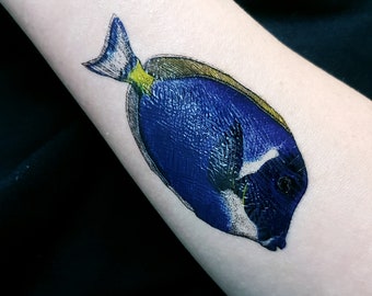 BLUE TANG FISH temporary tattoo, fish tattoo, ocean life, multicolor temporary tattoo, fake fattoo, , artist drawing, gift idea.