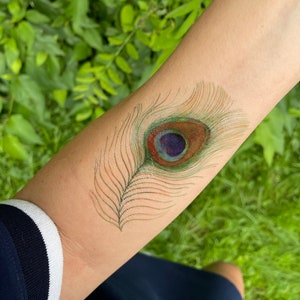 PEACOCK FEATHER temporary tattoo, peacock tattoo, peafowl tattoo, feather tattoo, color tattoo, fake tattoo, bird tattoo, artist drawing image 2