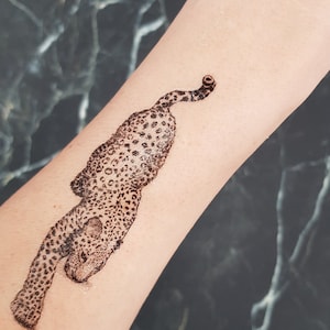 Tatuaje de leopardo acechante, tatuaje de leopardo, tatuaje de felino grande, tatuaje temporal negro, tatuaje falso, tatuaje de animal, dibujo de artista, idea de regalo