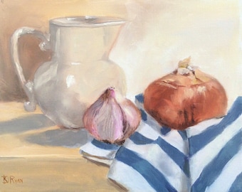 Original Oil Painting Still Life Onion, Garlic and Pitcher  8&quot; x 10&quot;