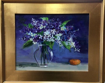 Original Acrylic Painting Lilacs and Clementine  Still Life