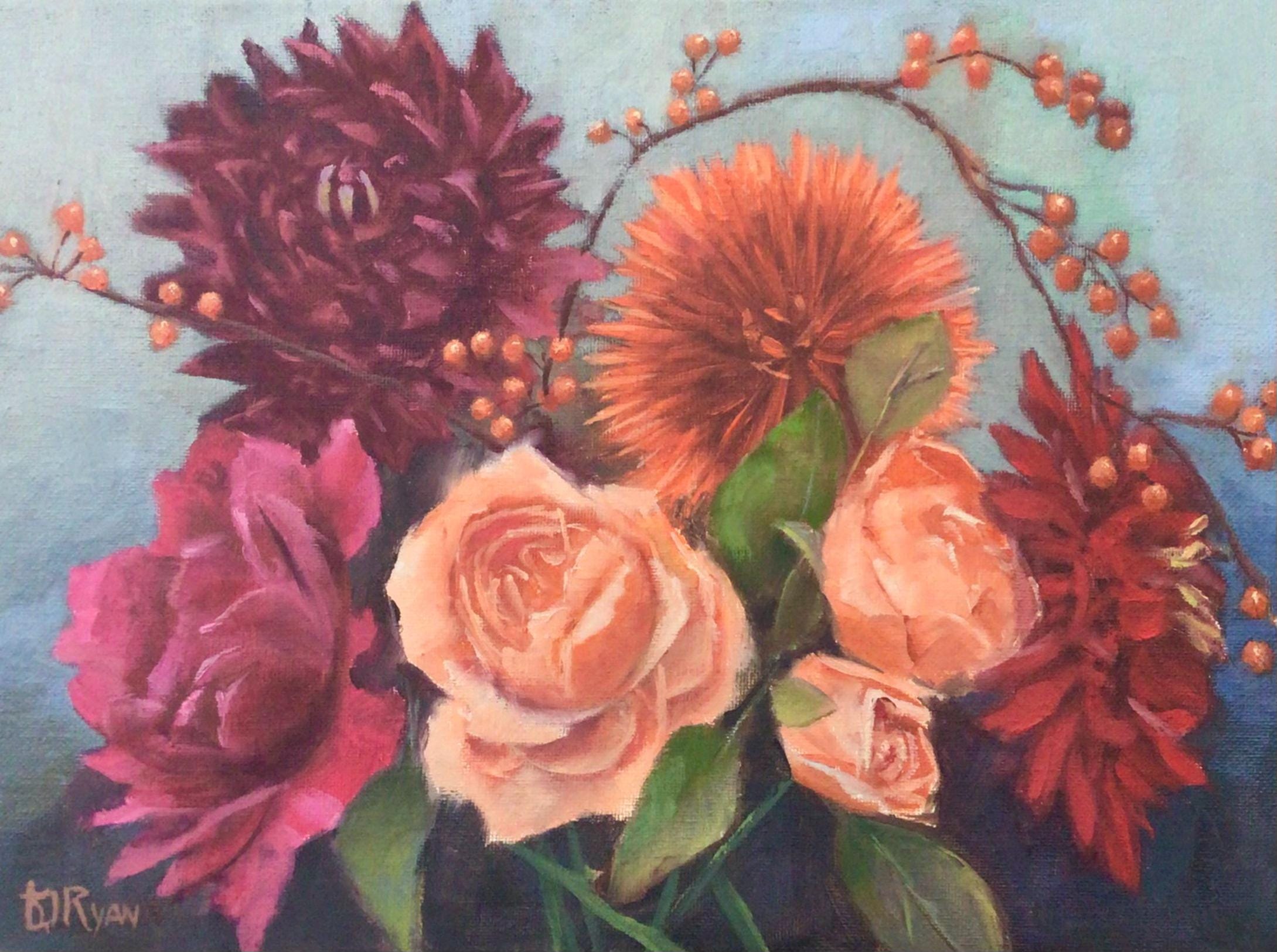 Roses and Dahlias  Oil Painting Still Life 9" x 12"