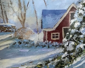 Fine Art Print Cottage in Snow Landscape, Impressionist Winter Scene,