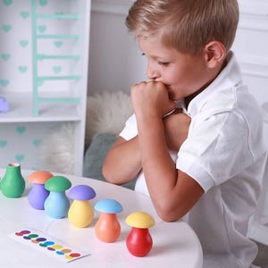 Juguete de madera con forma de hongo para clasificar colores con tarjetas de patrones, aprendizaje Montessori, juguetes educativos Waldorf, combinación de colores, actividad de clasificación