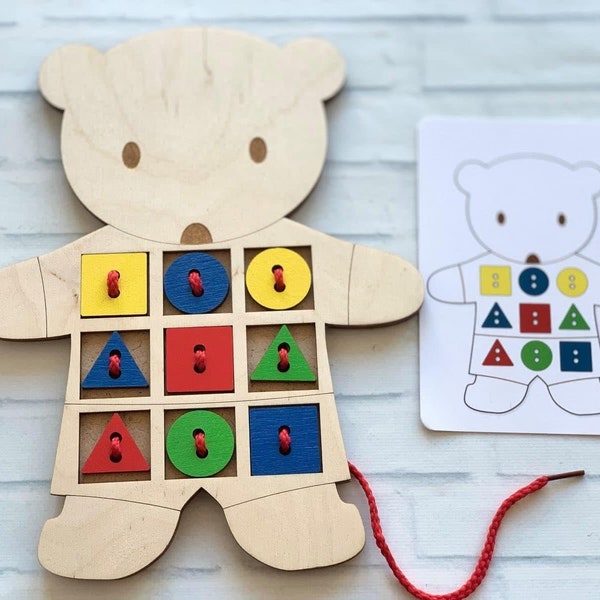 Jouet de laçage en bois, jouets d'apprentissage de couture jouets Montessori jouets en bois ours jouet préscolaire enfants cadeau d'anniversaire Puzzle en bois cadeau de Noël
