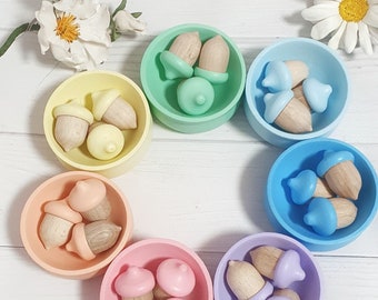 Wooden pastel acorn set, Sensory toy, Sensory bin, Easter toddler gift, Counting Sorting toy, Montessori Waldorf toys, Color Match Acorns