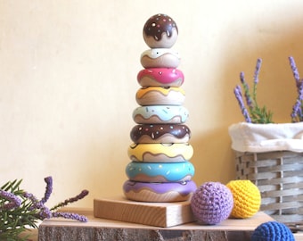 Wooden Stacking Pyramid Donut stacker Ring stacker Toddlers 1st Birthday gift Baby Boy Girl gift Montessori toys Nursery decor Pretend play