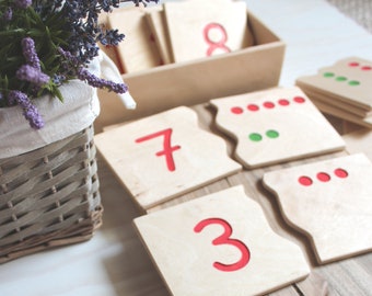 Numeral and Dot Puzzles, Wooden Puzzle Montessori Counting Preschool Home school Back to School Number Match Puzzle Kids Toddler Waldorf Toy