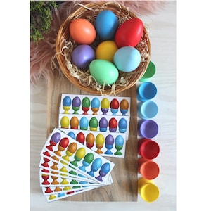 Wooden Eggs Cups, Easter Eggs, Rainbow toy, Colour Matching, Sorting Balls, Wooden Bowls, Montessori inspired Sorting Matching Game Waldorf