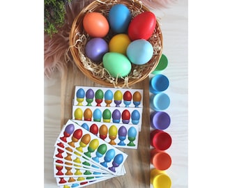Wooden Eggs Cups, Easter Eggs, Rainbow toy, Colour Matching, Sorting Balls, Wooden Bowls, Montessori inspired Sorting Matching Game Waldorf