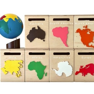 Montessori Continent Box SET of 7 Continents Continent Storage  Large Continent Boxes Montessori Materials Preschool Waldorf Back to School