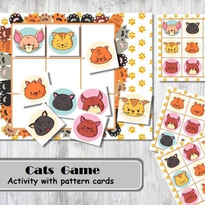 Atividade de padrão de jogo de gatos, cartões de tiras de padrão, jogo de correspondência pré-escolar, escola em casa, livro ocupado, planilha de correspondência para crianças montessori digital