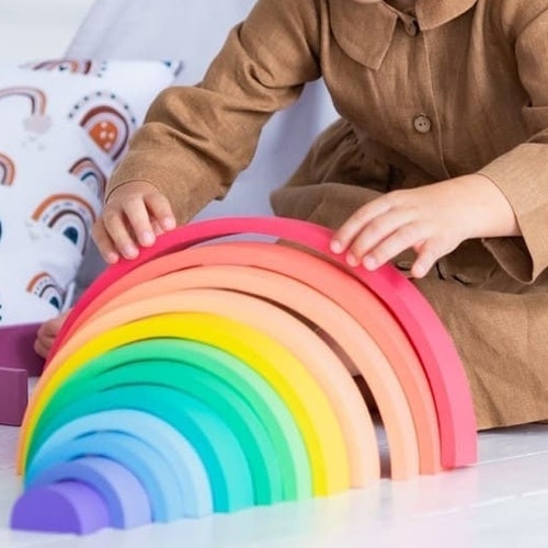 Wooden Rainbow Stacker, Rainbow Stacking Toy buy Montessori toys Waldorf Toddler toys Wooden Puzzle Nursery decor First Birthday Gift Wooden Toy