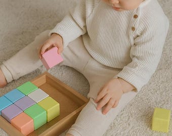 Juego de bloques de construcción de madera pastel, juguete educativo Montessori, juego sensorial para niños pequeños, juego de clasificación de colores, regalo de aprendizaje temprano para niños.