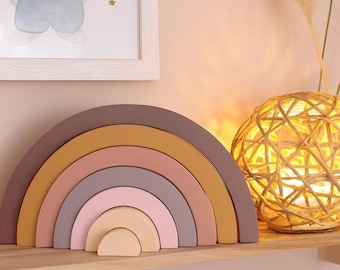 Apilador de arcoíris de madera con colores tierra, juguete Montessori, decoración para guardería, juguete inspirado en la pedagogía Waldorf, regalo para baby shower, decoración para estantes de habitaciones infantiles.