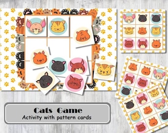 Cats game pattern activity, Pattern Strips cards, Matching Game Preschool Homeschool Busy Book Toddler Matching Worksheet Montessori digital