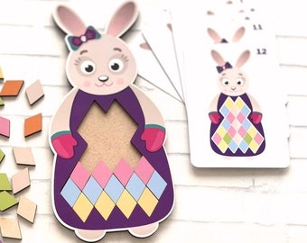 Wooden bunny toy Toddler Gift Kids Wooden Puzzle Bunny Montessori Toys Easter decor toy Mosaic Game Pattern Game Waldorf Toys Christmas Gift