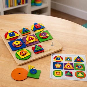 Houten vormsorteerpuzzel met kaarten – Montessori-stapelspeelgoed, leerspel kleuraanpassing